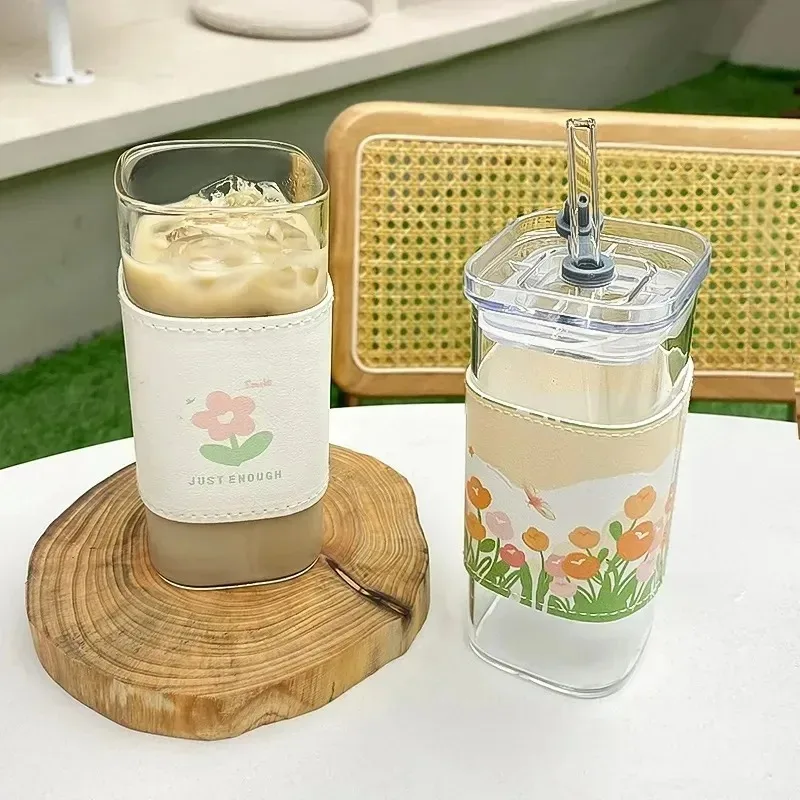Square Heat-resistant Coffee Cup with Lid and Straw, Transparent Milk Tea Juice Cups, Home Bar Party Wine Glass, Cute Drinkware