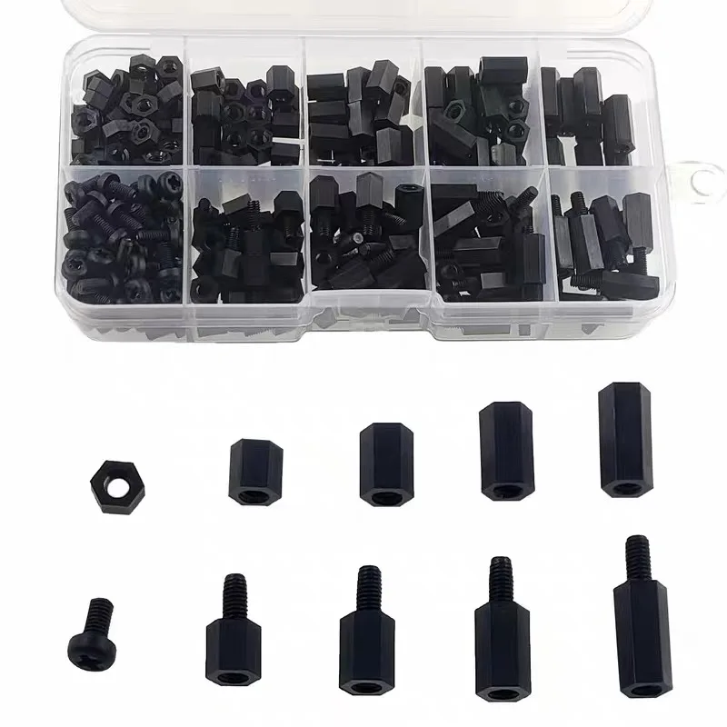 250pcs/box M3 Black Plastic Nylon Insulated Hex Standoff Hexagon Pillar Spacer Column Screw Nut Mix Size Assortment Kit Set