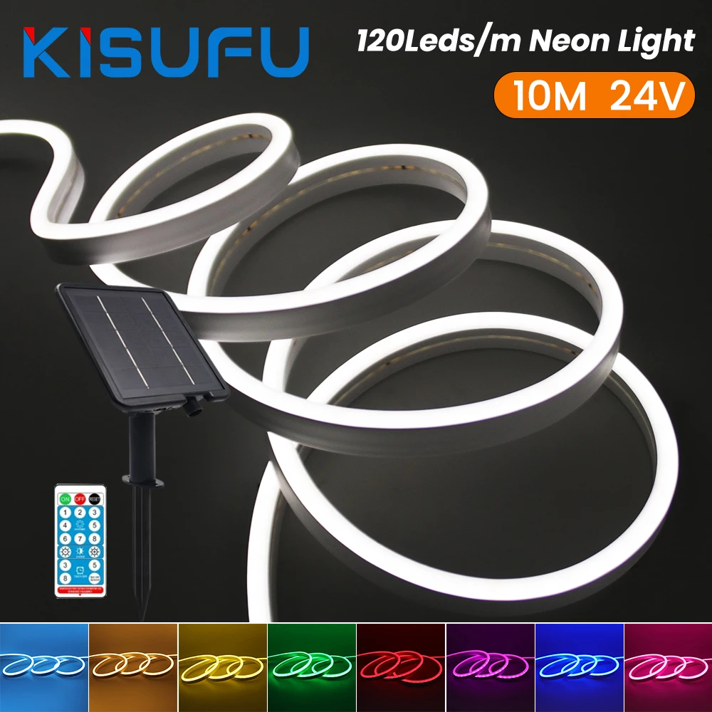 Dimmable Solar Neon LED Light Strip 24V Waterproof Warm White Red Green Blue 120LEDs/m High Density Garden Home Linear Lighting