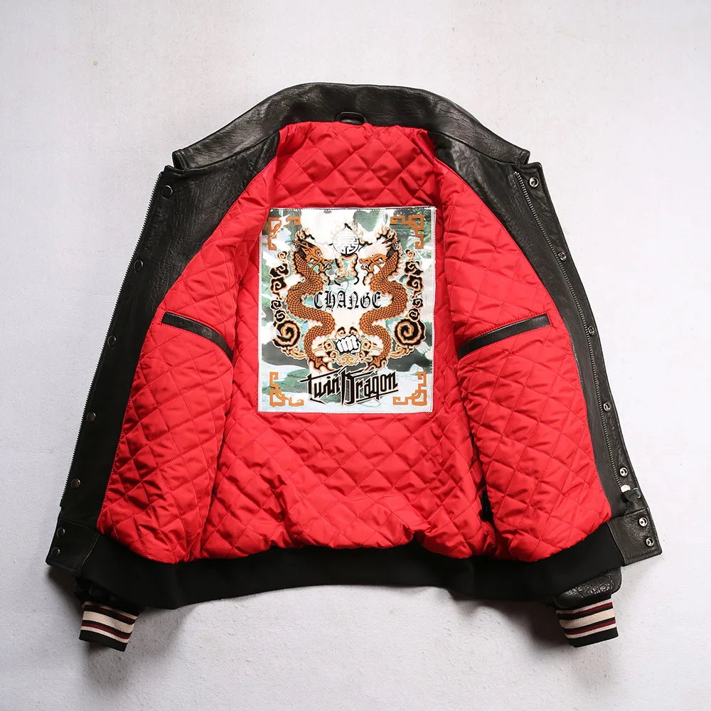 Men's Italian Sheepskin Jackets US Size Fashion Casual Lined Double Dragon Pattern Sandwich Warm Genuine Leather Clothes Jacket