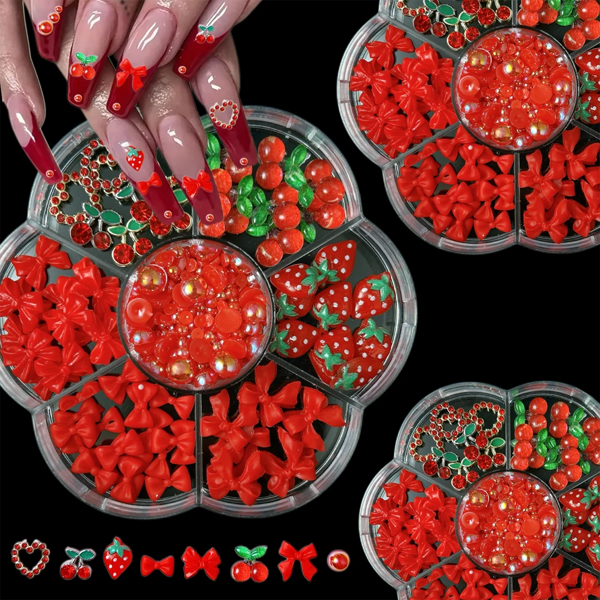 1 ボックス絶妙な合金中空弓チェリーネイルアートチャームカラフルなちょう結び模擬ロリポップハート樹脂ネイルデコレーション DIY