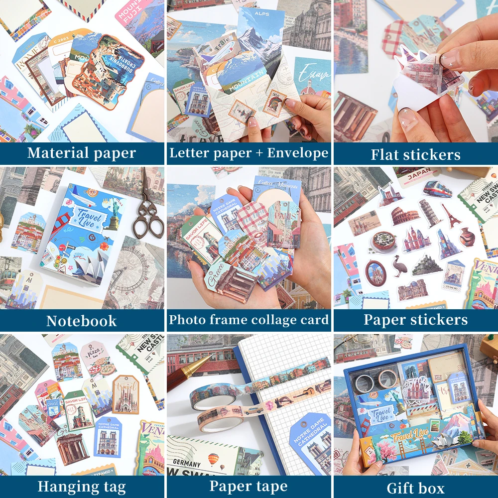 طقم سجل قصاصات ذكريات السفر مكون من 201 قطعة صندوق هدايا مع ملصقات وديكورات مجلة مثالية لمسافرين المجلات والحرف اليدوية #6