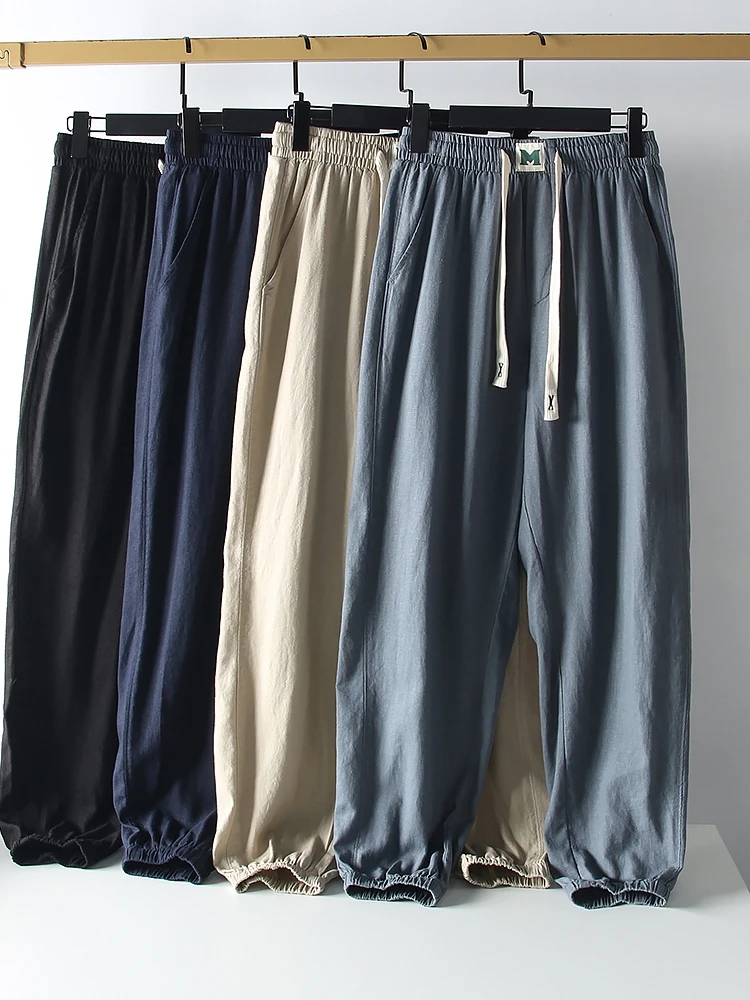 

Cool Feeling тонкие льняные повседневные брюки с эластичной резинкой на талии и манжетами, мужские весенне-летние свободные длинные брюки Harajuku Sle Pure Color