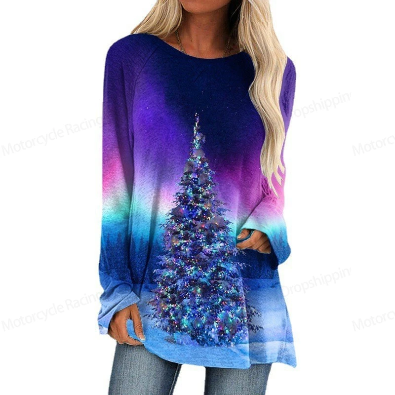 Red Christmas Tree 3d Print Long Sleeve T-shirt Women Fashion Christmas T Shirt 3D Crewneck Long Tunic Tops Women Tshirt Gift