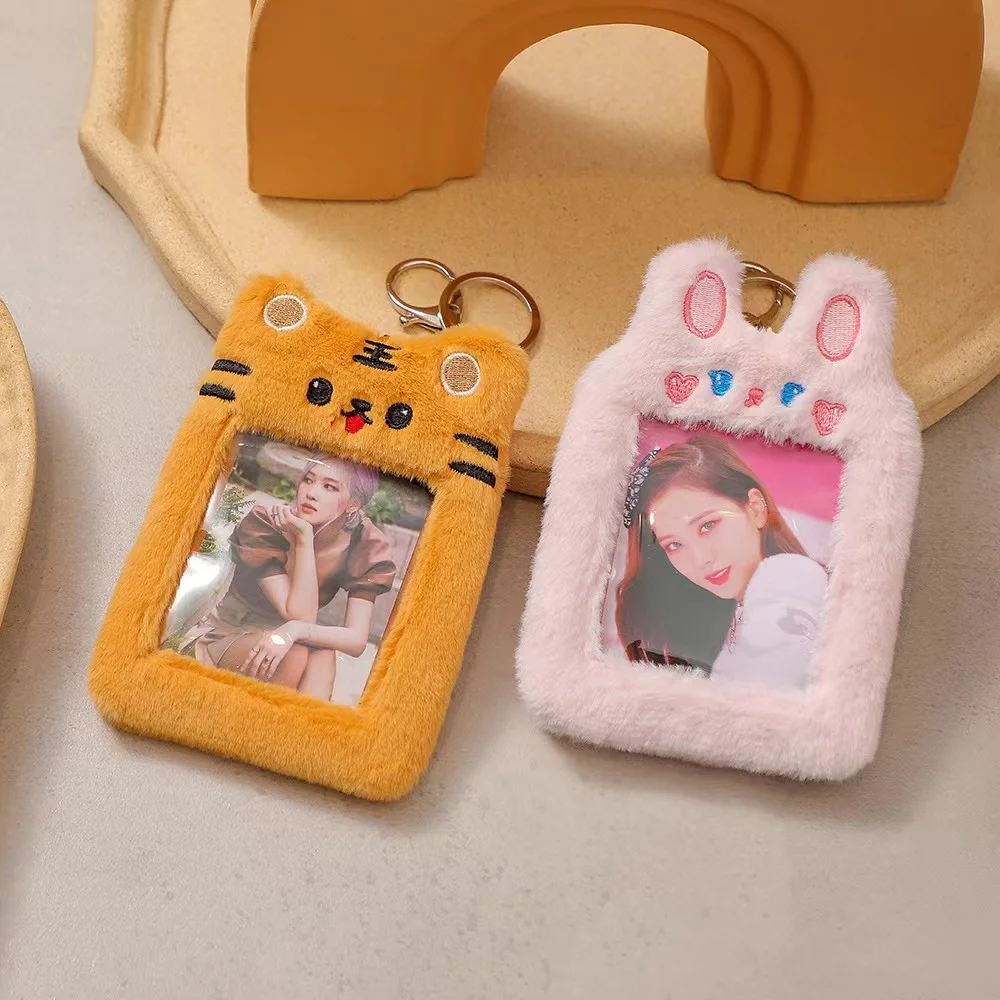 Kawaii Bear Tiger Plush Kpop Photocards Card Holder With Chain Protector Idol Photo Sleeves Credit ID Bank Card Stationery view 3