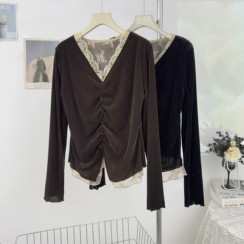 Lace V-Neck Blouse for Women Korean Style Ruched Velvet Long Sleeves T-shirt Fall Winter Figure-Hugging Layering Tops