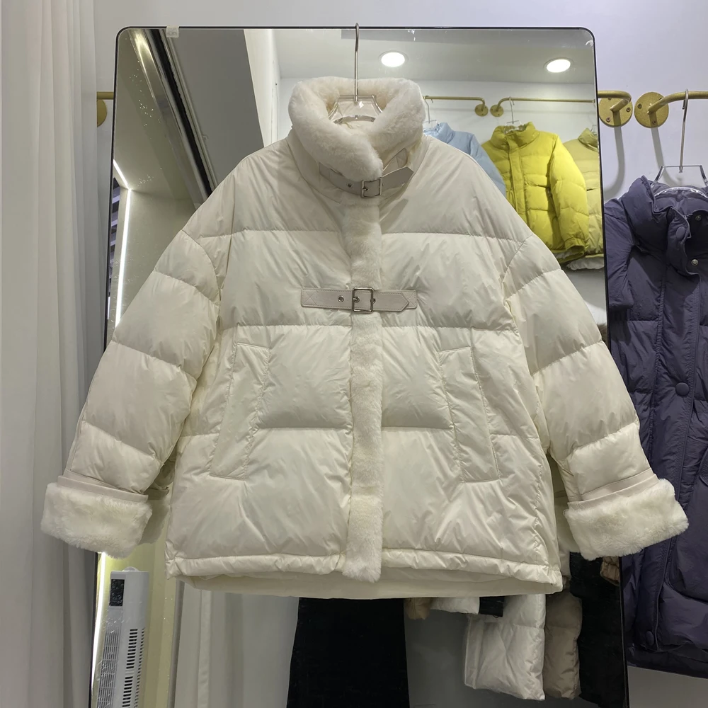 Manteau en duvet de canard blanc pour femme, col en fourrure de lapin carillon, veste courte épaisse et chaude, hiver, nouveau, 2023