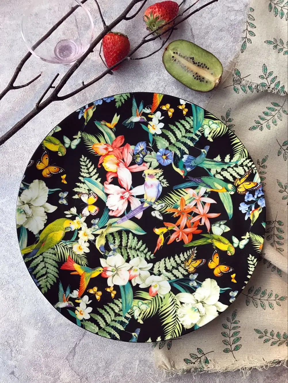 

Spanish ceramic tableware western food plate auspicious flower parrot decorative plate bowl cup black plates