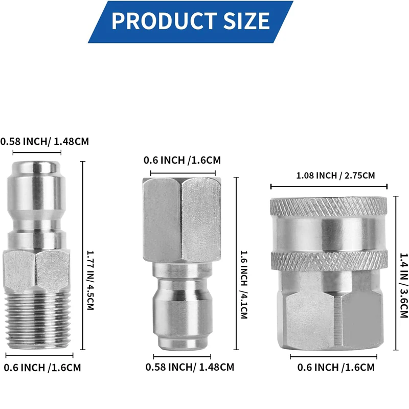 Pressure Washer Adapter Set 3/8 male and female Quick Connect Fittings Quick Plug Male Nipple Stainless Steel 5000 PSI