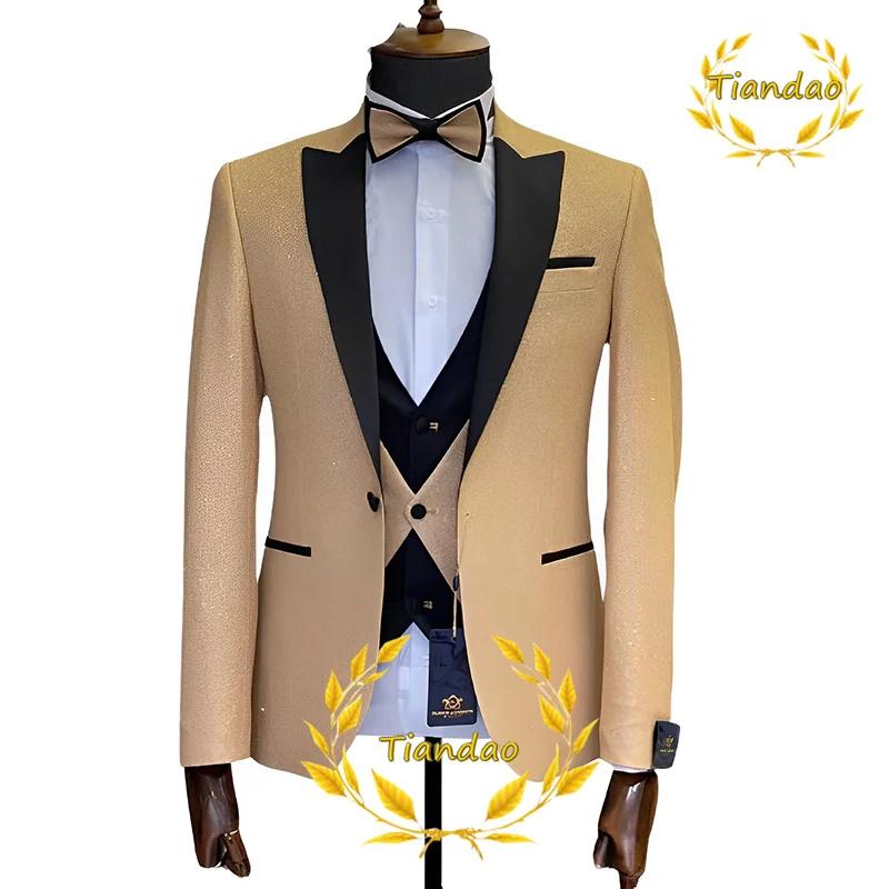 

Khaki Suit for Men Summer Wedding Pants Jacket Vest Bow Tie 3 Piece Set Groom Tuxedo Blazer Groomsmen