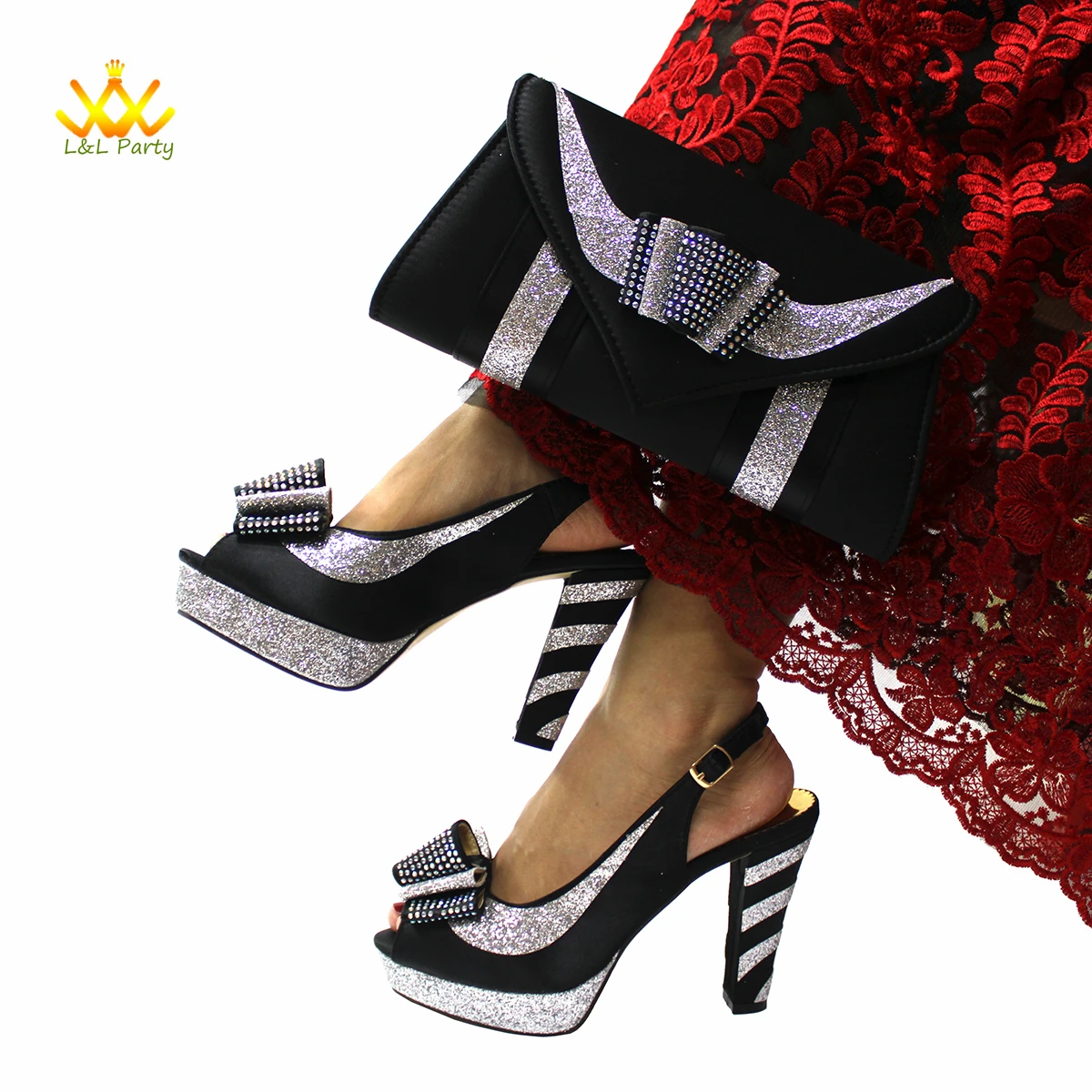 

Nigerian Ladies Super High Heels Sandal Shoes and Bag Set in Black Color For African Women Wedding Party Pump