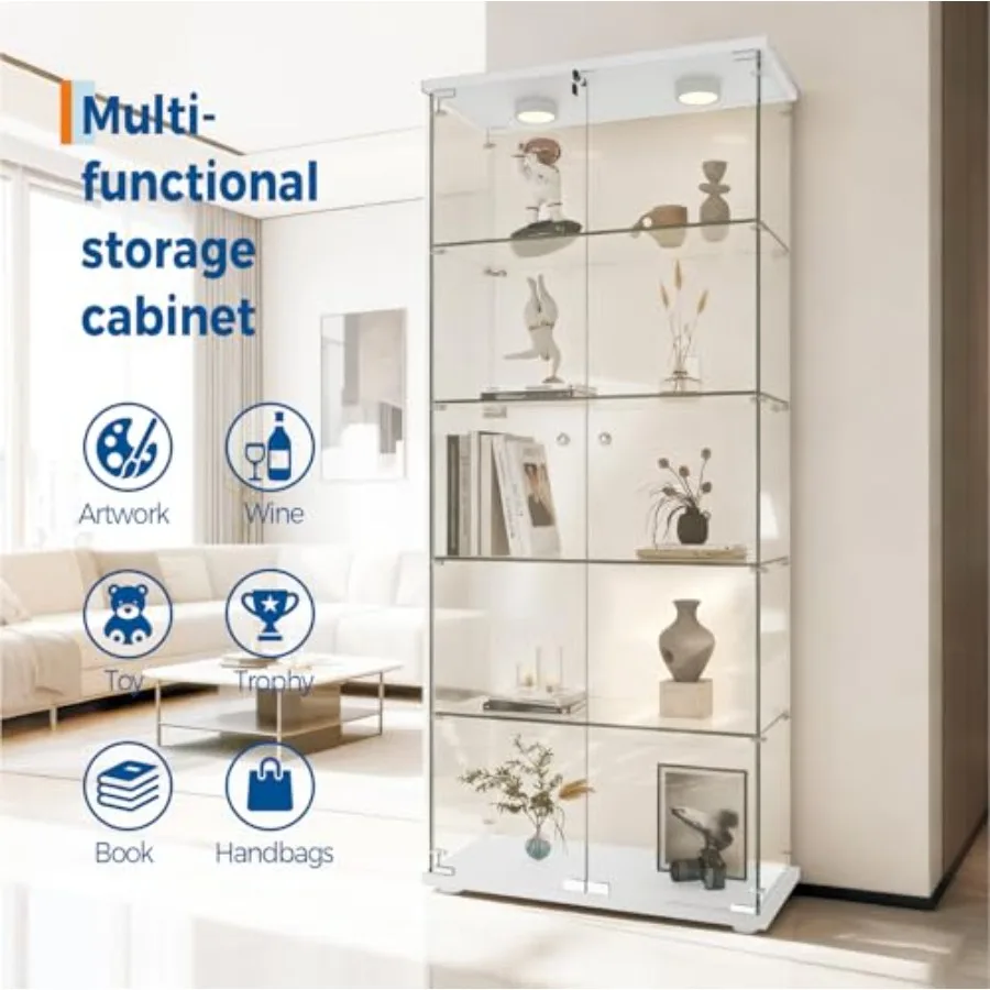 5 Shelves Display Cabinet with LED Light and Double Doors view 4