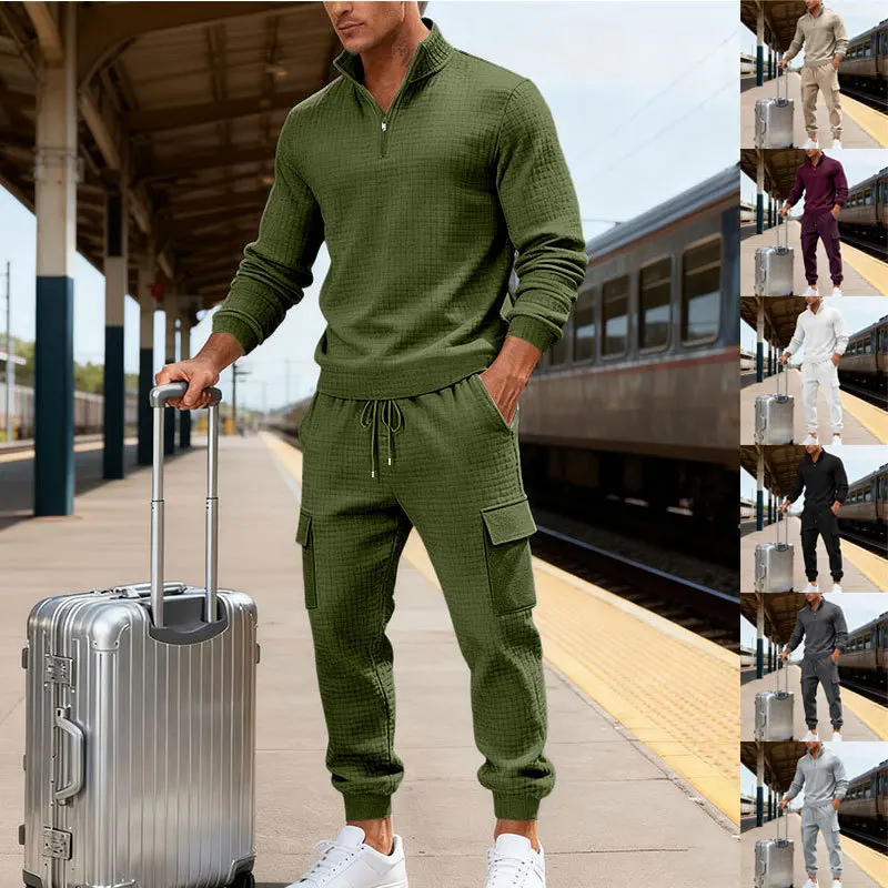 

Мужской костюм на весну и осень с молнией до середины груди, рабочая одежда с множеством карманов, жаккардовые спортивные штаны, повседневный трикотажный спортивный комплект с воротником-стойкой