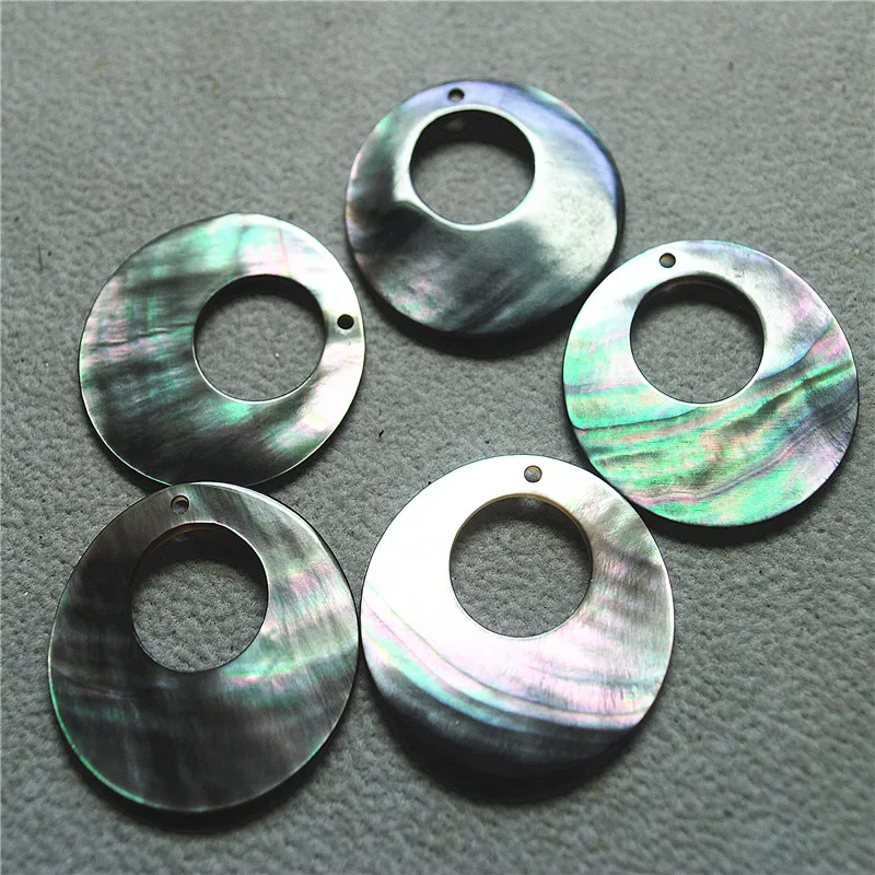 6PCS Natural Black Shell Pendants For Earring Drop 30MM Round Shape Hole With Circles Good Wholesale