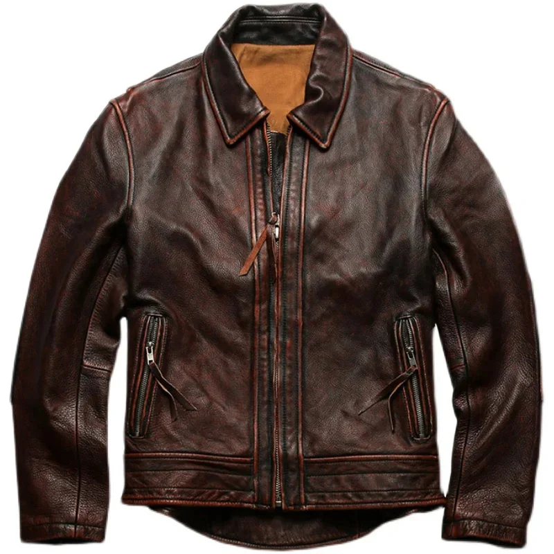 YR!Free shipping.sales.Vintage brown Heavy leather jacket.men quality thick cowhide clothes.rider clothes