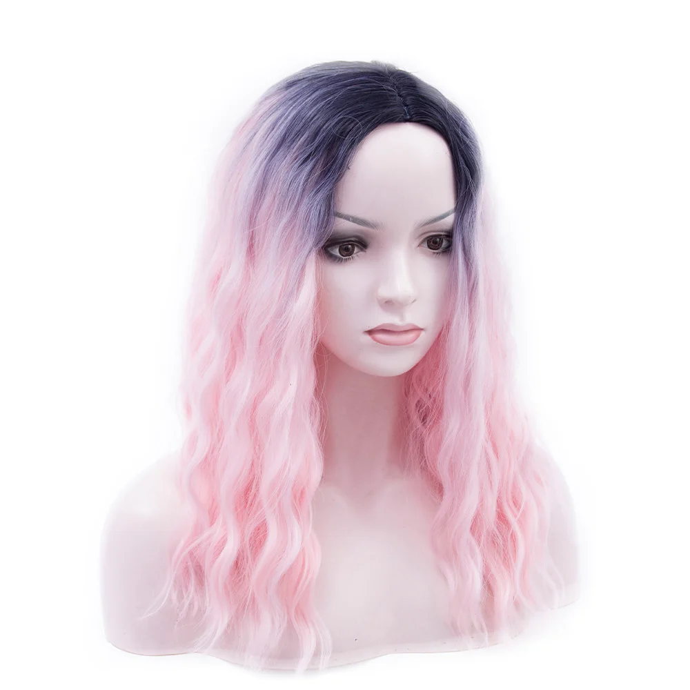 Wig hitam T Pink cahaya sintetis bergelombang longgar dengan poni Wig Cosplay panjang Ombre 20 inci untuk penggunaan pesta harian wanita Cosplay