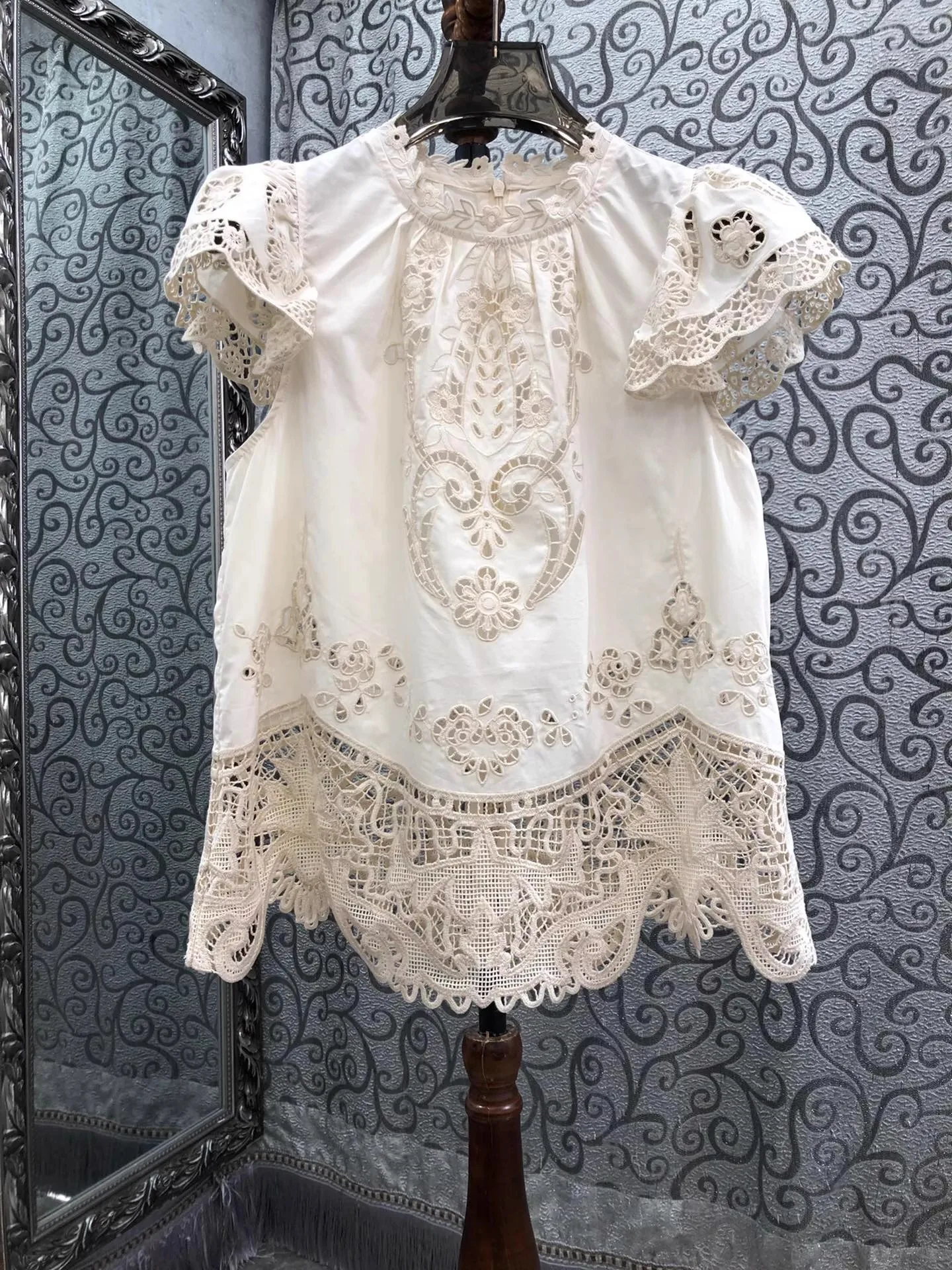 

100%Cotton Tops Blouses 2025 Summer Fashion Lady Sexy Crochet Lace Embroidery Short Sleeve Elegant Vintage Blouse Female