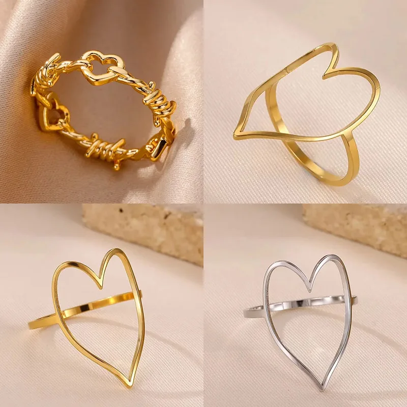 Trendige geometrische Herzringe für Frauen in Goldfarbe ‌ Minimalistischer Hohlherz-Fingerring aus Edelstahl Hochzeits- und Valentins-Schmuck
