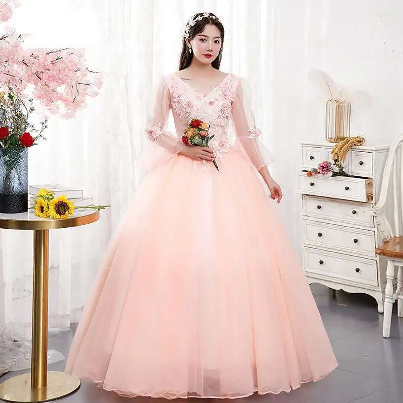 

V-neck Quinceanera Dresses Sweet Lace Applique Puffy Prom Dress With Trumpet Sleeve Classic Elegant Long Sukienka Balowa