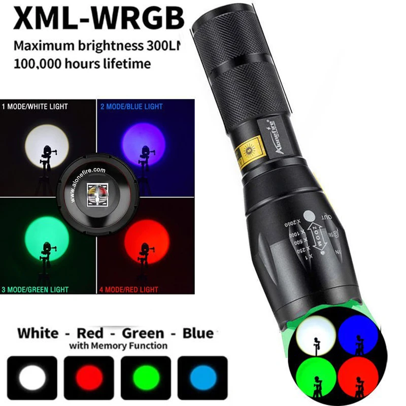 A100 telescopic focusing multi-function strong light flashlight red/white/blue/green four-color light source household RGB TORCH