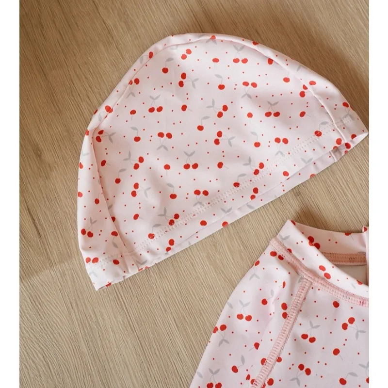 Toddler Girl  Swimwear Pink Cherry Print One Piece Bathing Suit for Swimming Pool Quick Dry UPF50+ Kids Swimwears