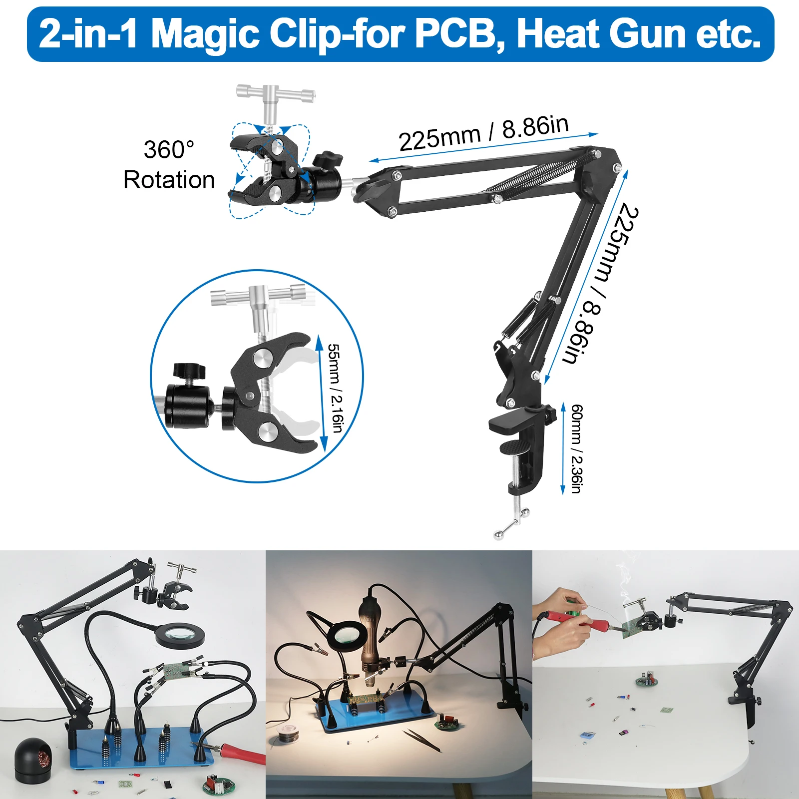 NEWACALOX soldadura magnética tercera mano ayuda a las manos soporte de pistola de aire caliente soporte de PCB de soldadura con USB 3X/5X lámpara de lupa LED