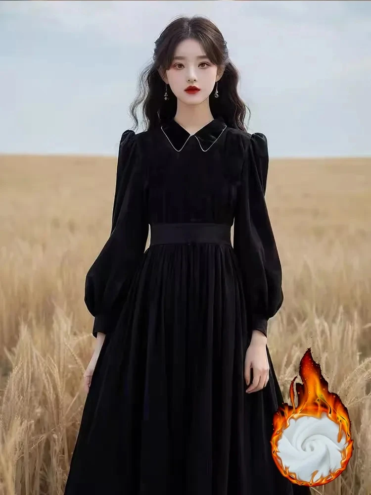 

Autumn Winter New Elegant A-line Lantern Sleeve Solid Evening Dress 2025 Women Hepburn Style Velvet Temperament Long Skirt