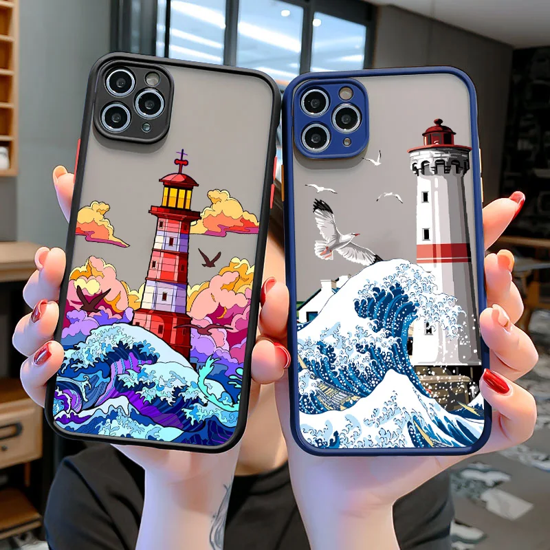 Etui na telefon Blue Wave do iphone 16 15 12 11 13 Pro Max Lighthouse Illustration Cover do iphone X XR XS 7 8 14 Plus Shells