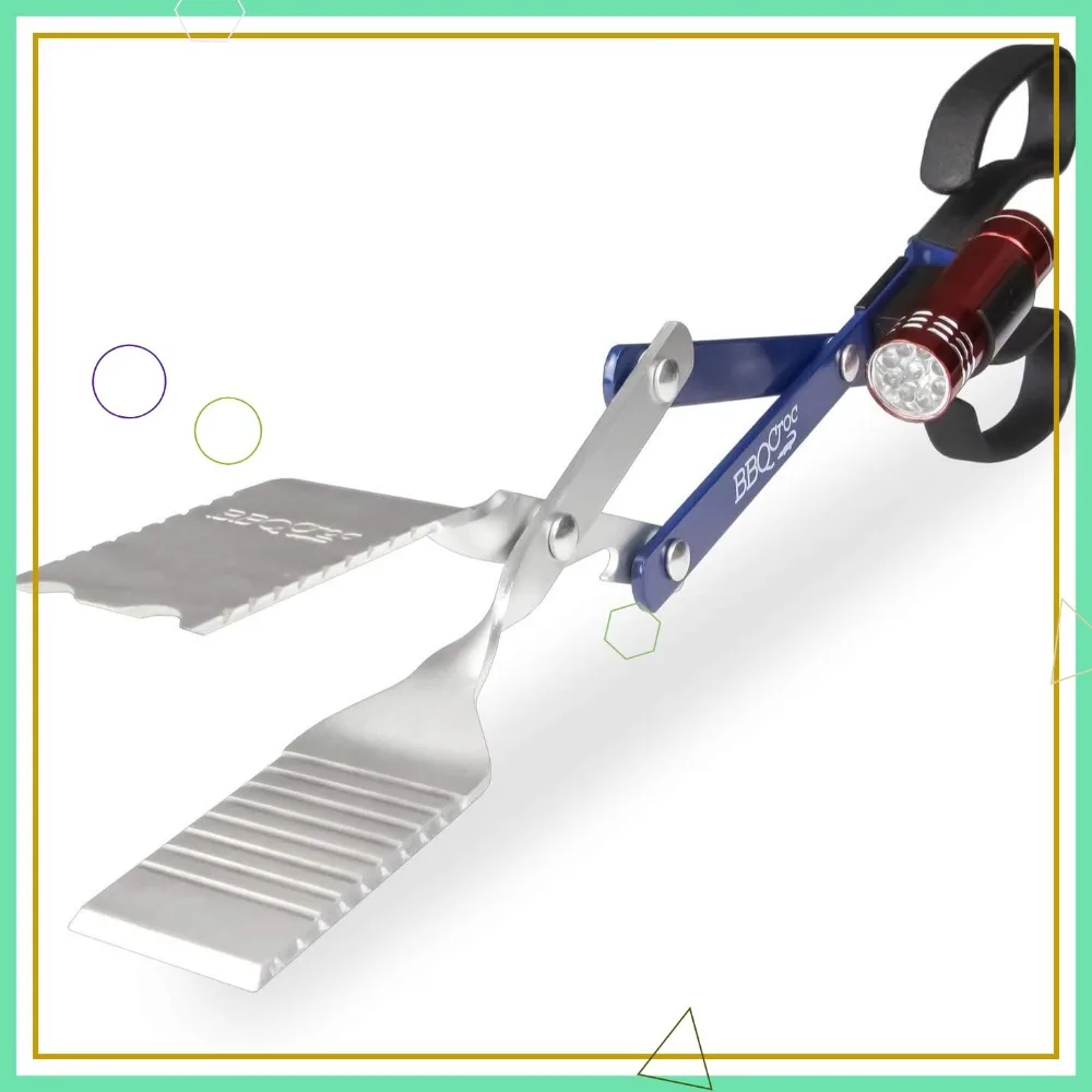 

3-in-1 Barbecue Tool with Flashlight: 18-inch Tongs, Spatula, and Grill Scraper in Blue