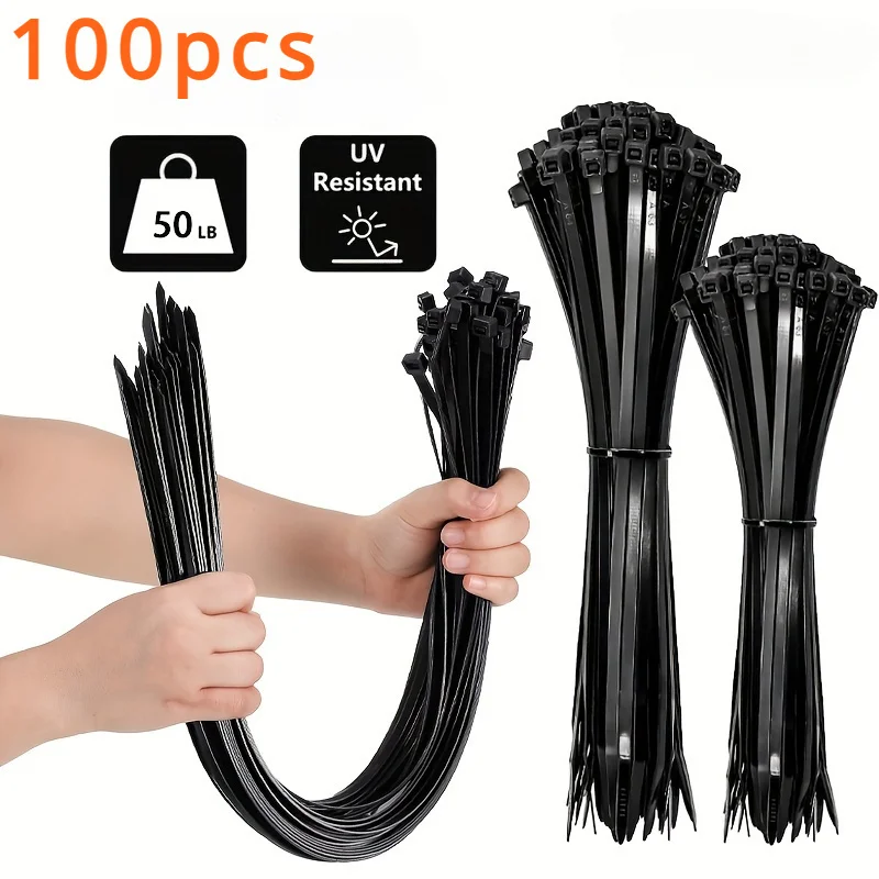 100pcs 3X150 Black Nylon Cable Ties High Tensile Strength, Uv Resistant, Self-Locking for Home & Office Cord Management