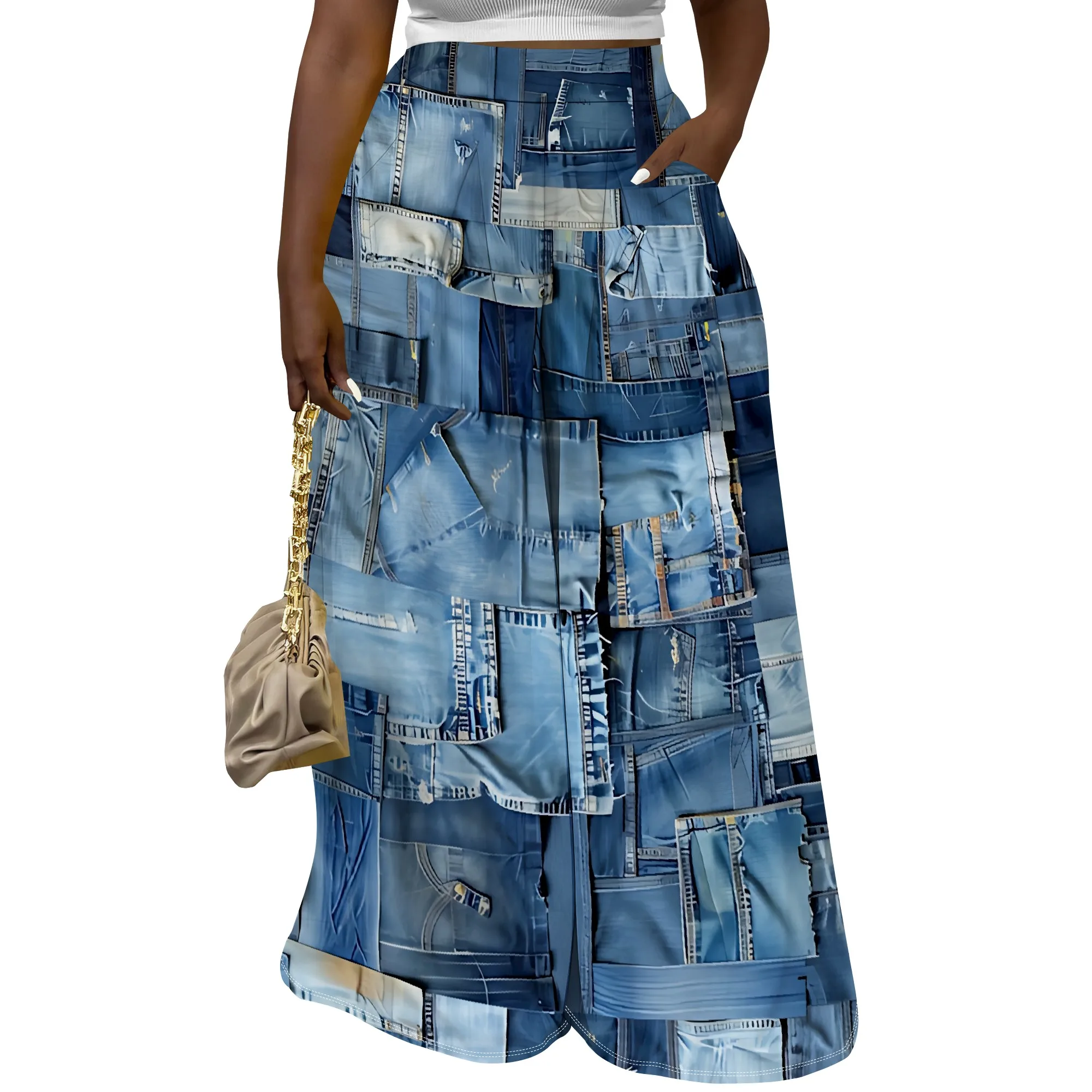 Plus Size Women's Wide Leg Pants Vintage Faux Denim Printed Beach Dress Summer Flowy Midi Pants with Pockets