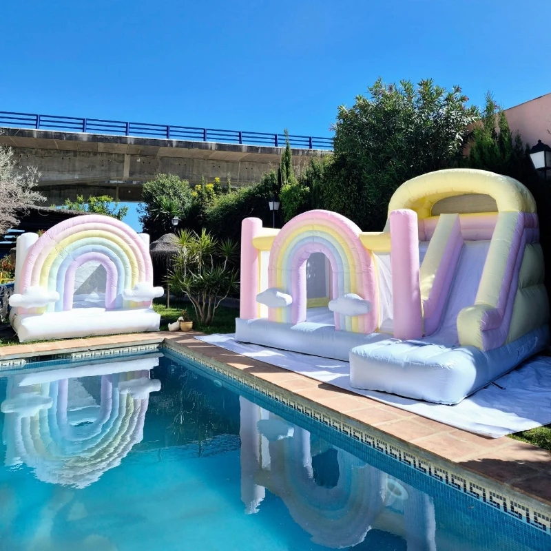 Pastel Rainbow Bouncy Castle Inflatable Slide Combo for Kids Birthday Party Backyard Wedding Event Decor Party Playhouse