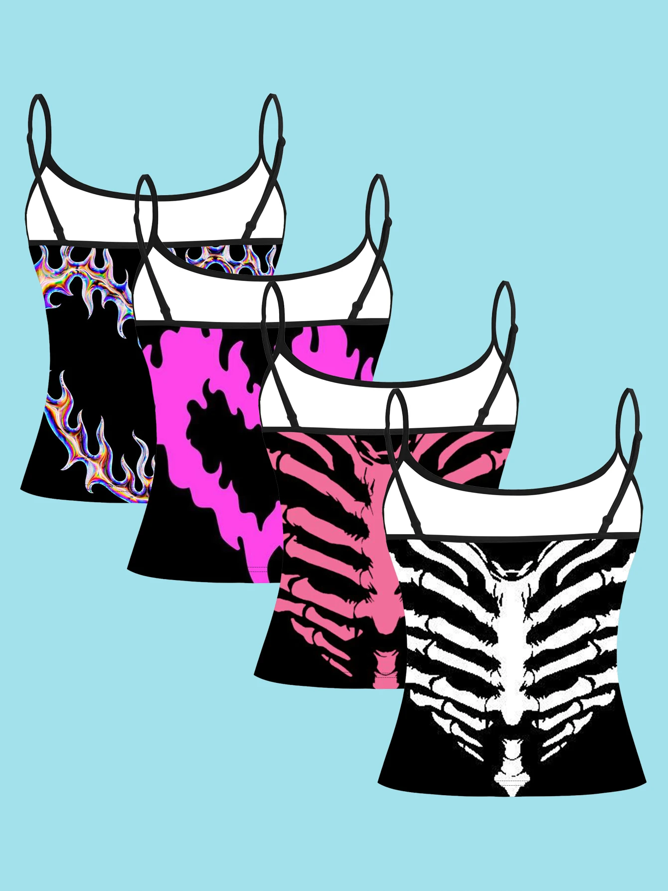 4-Piece Fluorescent Pink Flame Ribbed Camisole Set, Black Base Gothic Style Women's Spaghetti Strap Inner Layering Top