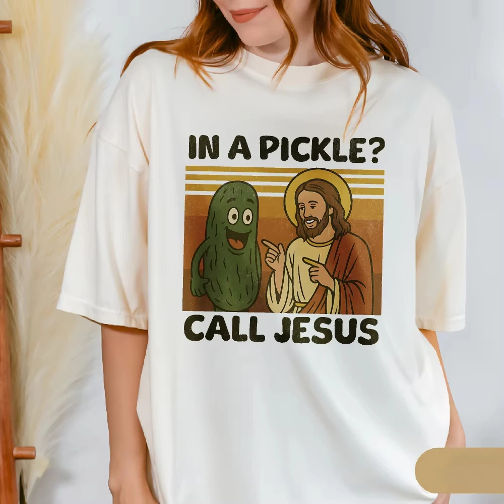 In A Pickle Call Jesus Retro Stripe Graphic T Shirt Women Vintage Cartoon Cucumber Faith Print Tee Religious Humor Cotton Tops