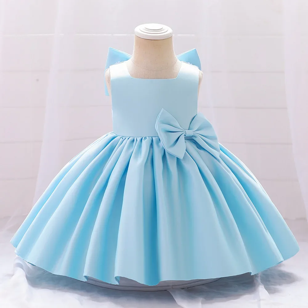 

Light Blue Flower Girl Dress Satin Bow Costume Catwalk Baby Girl Princess Wedding Birthday Party First Communion Dress