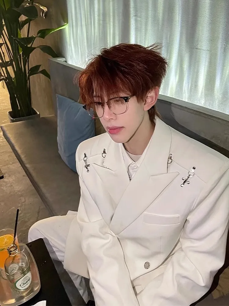 

Мужской пиджак с металлическим дизайном и синими вставками, с подплечниками, повседневный, с длинными рукавами, однотонный, осенний, модный тренд