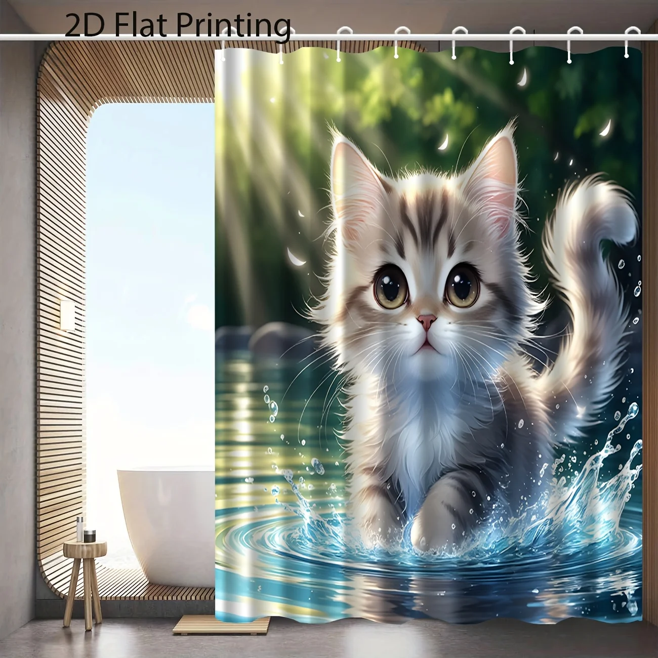 Cute Kitten Shower Curtain, Adorable Cat Playing Water Print Waterproof Bathroom Decor, Pet Lover Home Bath Screen