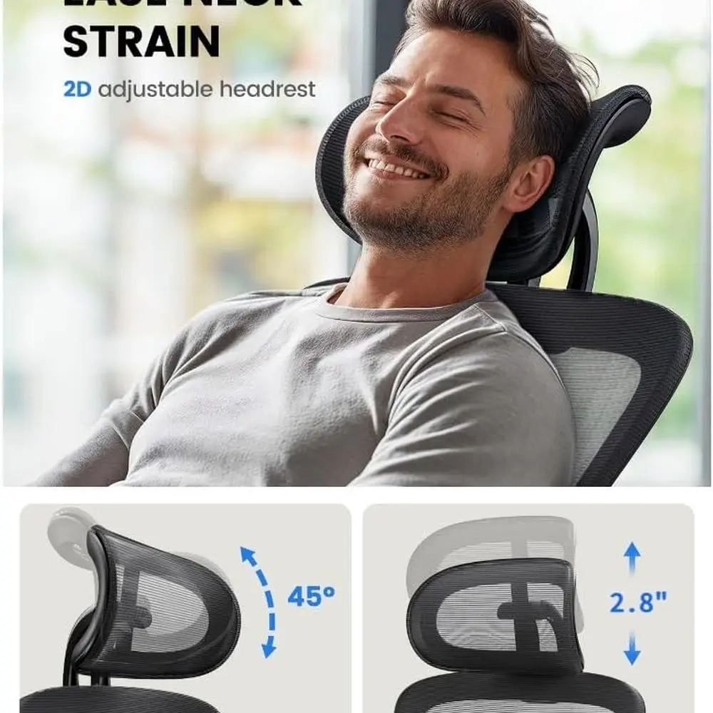 Cadeira de escritório ergonômica com apoio lombar acolchoado, encosto de cabeça 2D, apoios de braços ajustáveis, almofada de assento com contornos atualizada, 130 °   Rocki