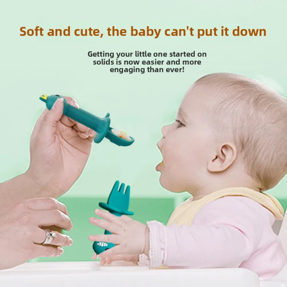Food Grade Silicone Spoon Training Baby Eating Children Cartoon Baby Food Supplement Spoon Fork Set Baby Tableware