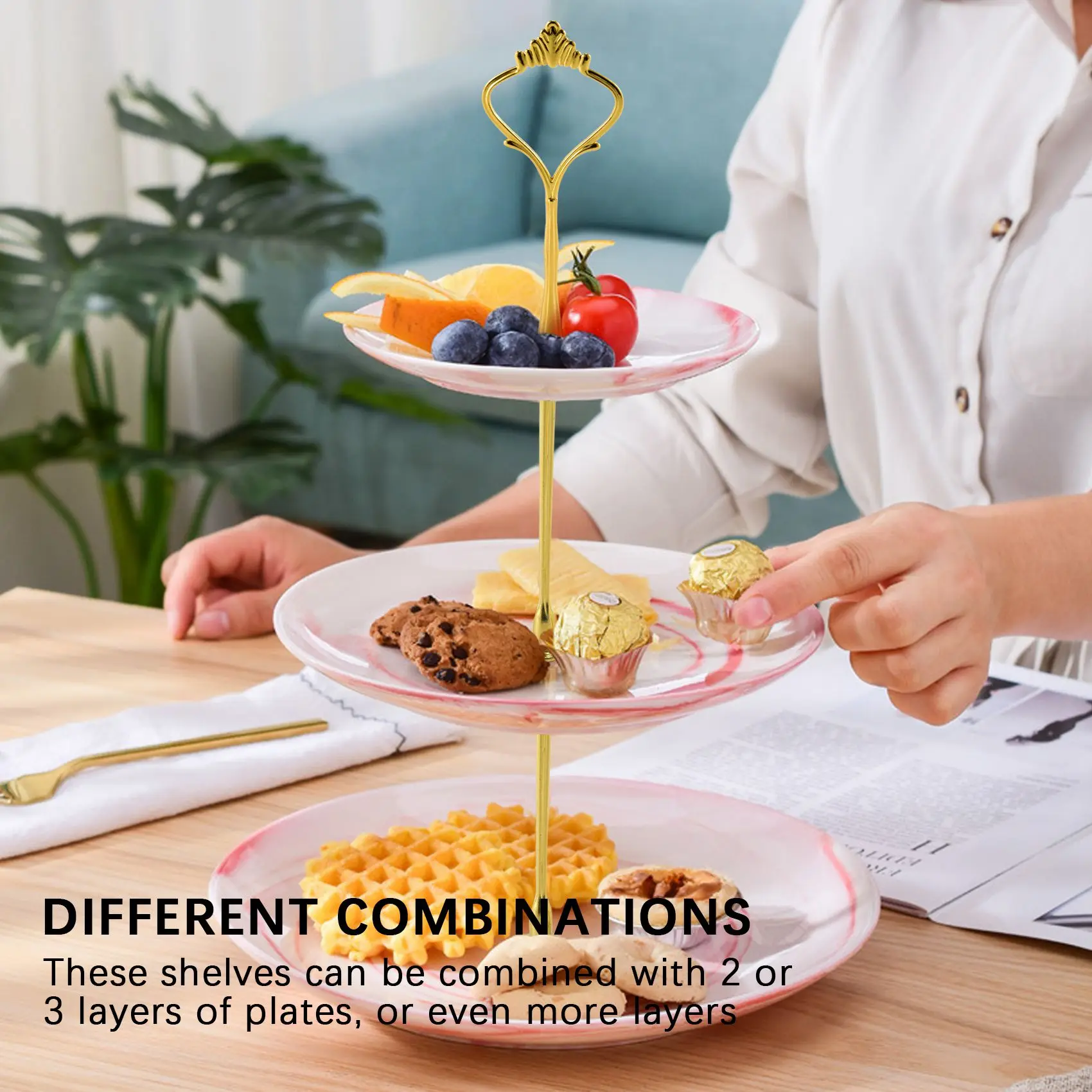 8 مجموعات من 3 طبقات من أطباق كعكة التاج وحامل الأجهزة وأدوات المطبخ لحفلات الزفاف والحفلات - فضي وذهبي