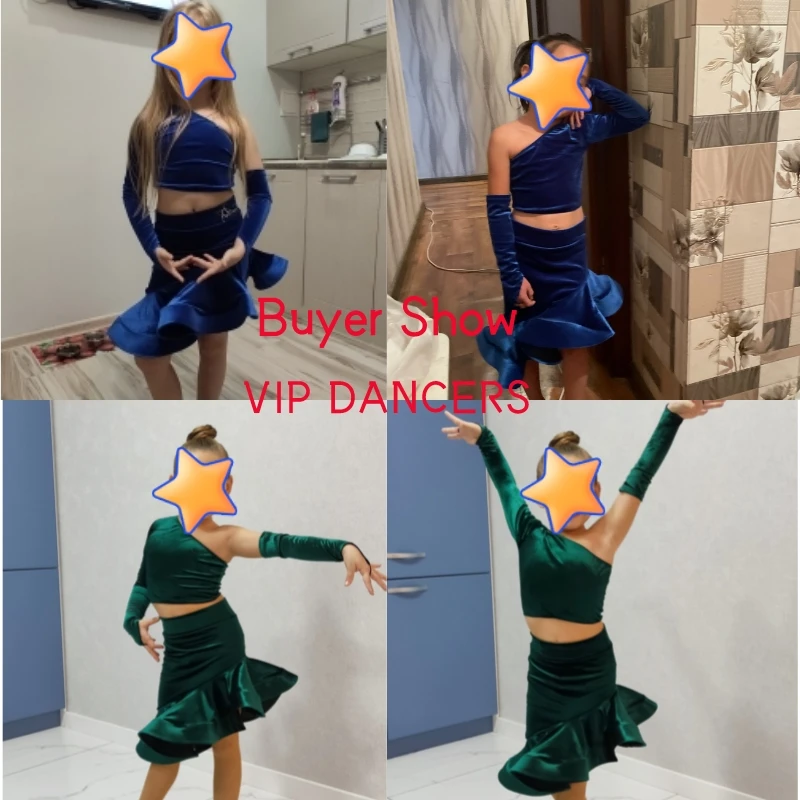 Niñas de terciopelo de dividir traje Latina superior faldas de baile concurso de baile vestido de baile latino de puesta en escena SL5497