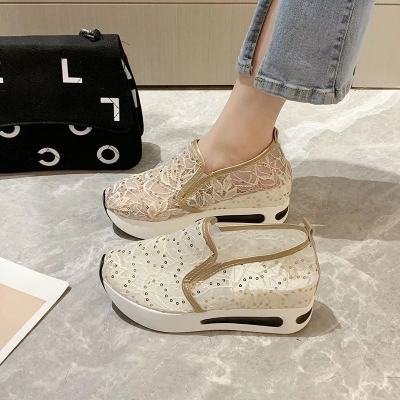 

White Slimming Hidden Wedge Breathable Mesh Lace Slip On Shoes Spring Summer Sequin Wedge Heel Sporty Thin Style Women