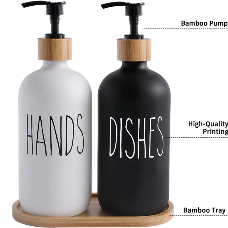 2 Pcs 500ML Refillable Wooden Pump Soap Dispenser With Tray For Kitchen Bathroom Body Wash Shampoo Conditioner Empty Bottles