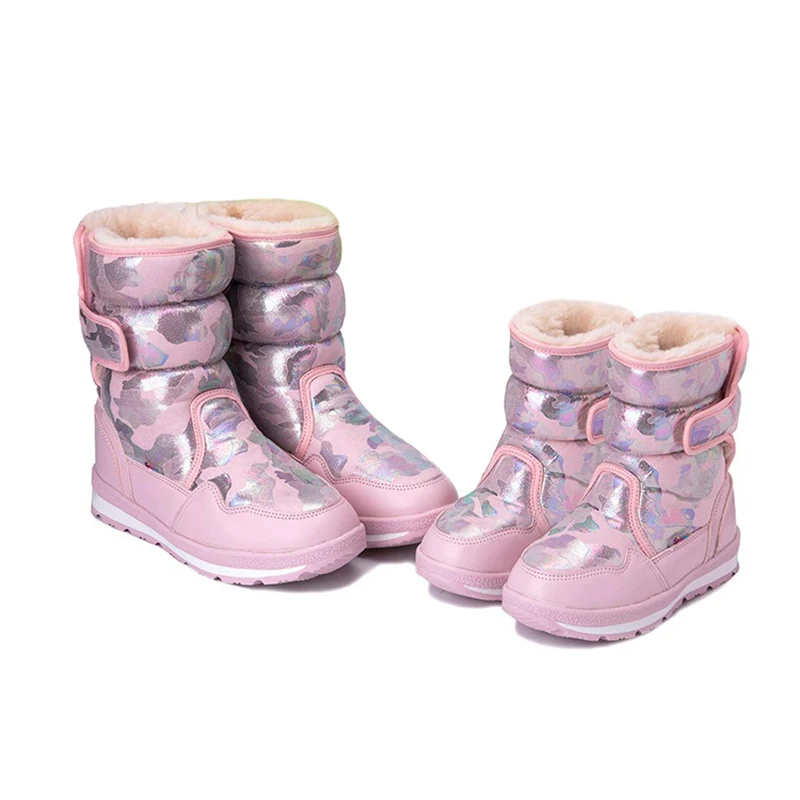 الشتاء رقيق الأطفال الشتاء الثلوج الأحذية الفتيان الفتيات الدافئة أفخم أحذية قطنية الاطفال الوالدين والطفل مقاوم للماء التمويه حذاء بوت بطول الكاحل