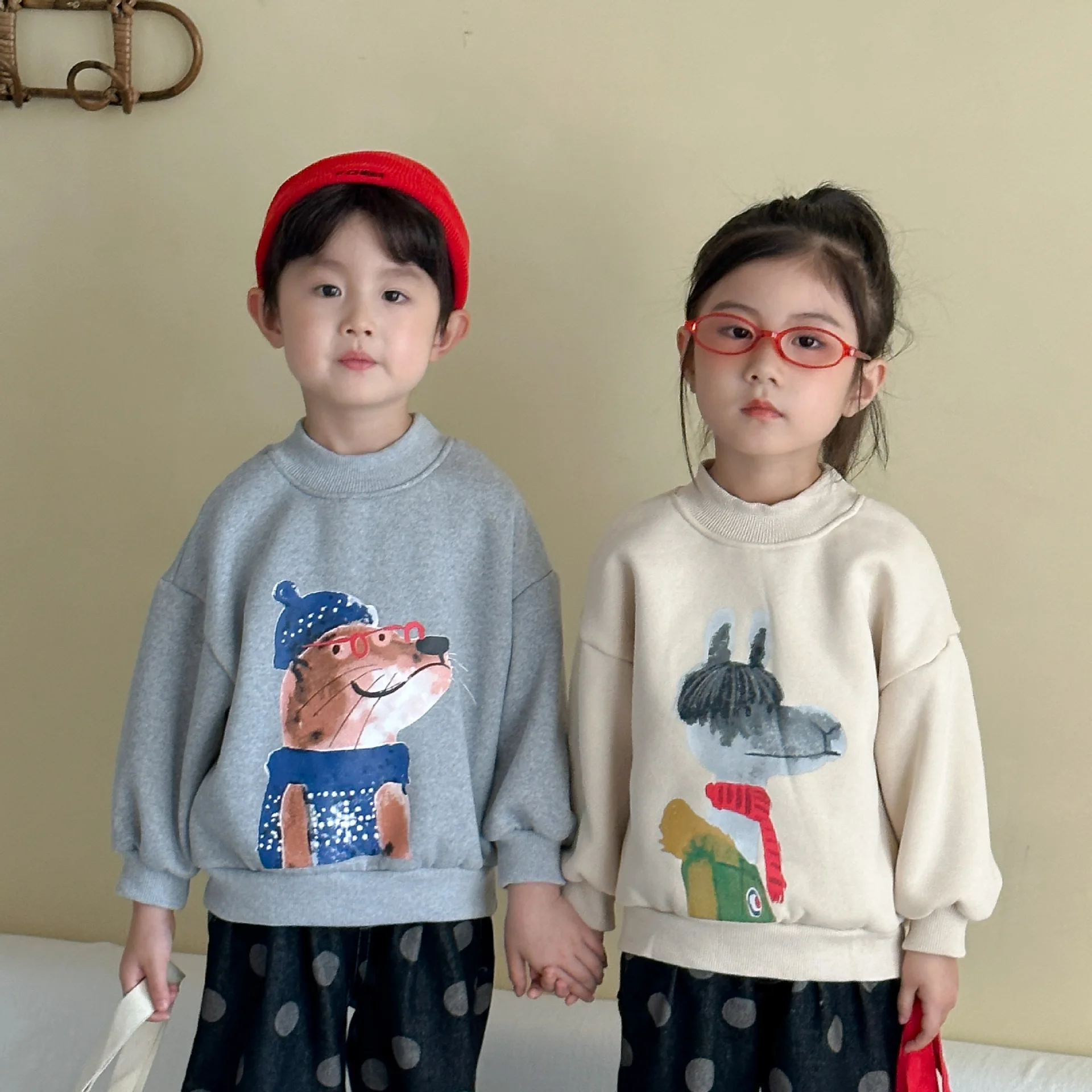

2025 Winter New Children Fleece Sweatshirt Cartoon Print Girls Casual Pullover Plus Velvet Thick Boys Warm Tops Kids Clothes