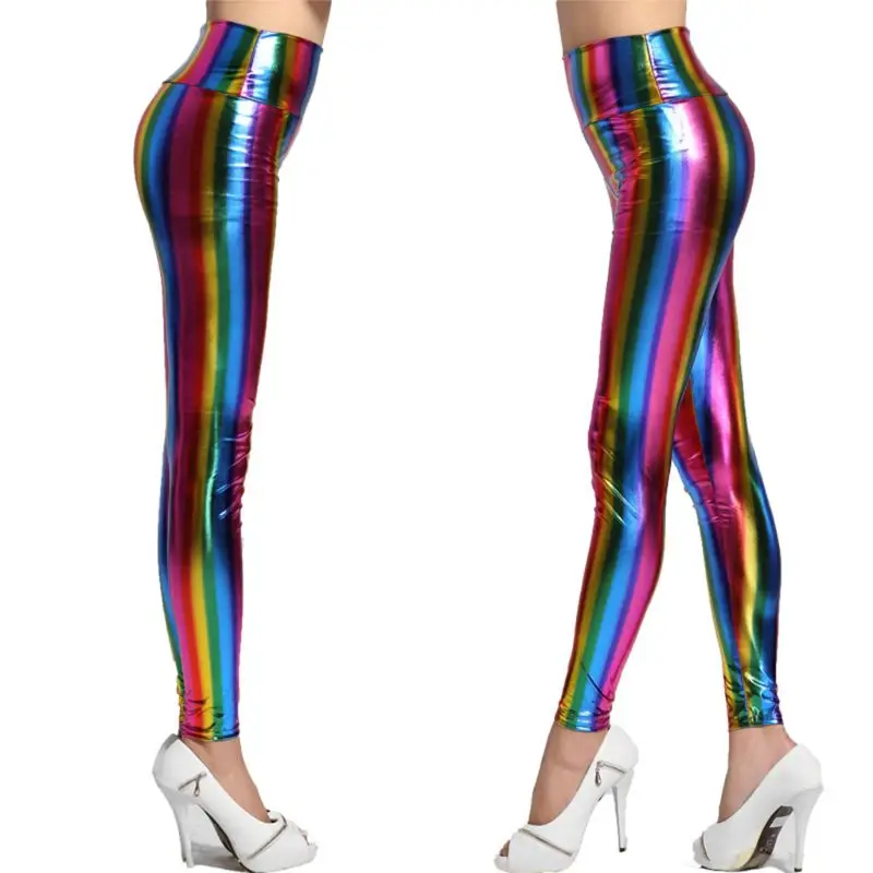 Womens Hologram Metallic Rainbow Leggings Glitter Tights Stripes Printed Hi