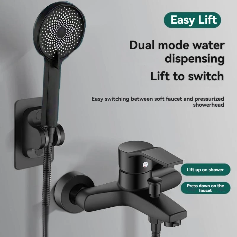 

Черный набор смесителей для смесительного клапана, включая душевую насадку, душевую шлангу, кронштейн, тефлоновую ленту и другие аксессуары для установки.