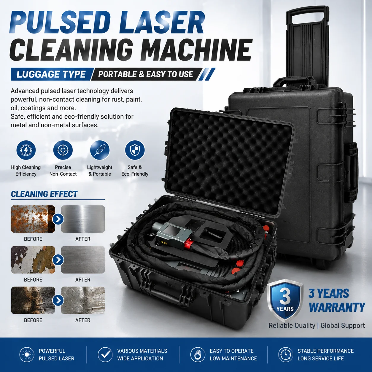 Luggage Type Pulsed Laser Cleaning Machine Portable Handheld Fiber Laser Rust Remover for Metal Paint Oxide Stain Removal