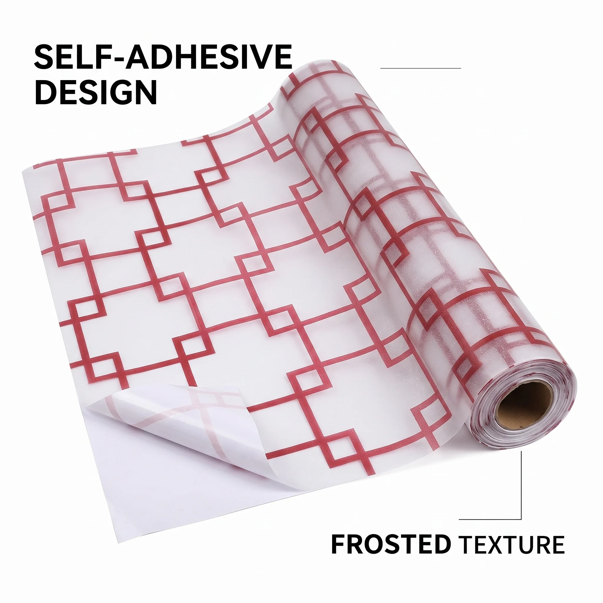 Reddish-Brown PVC Window Film Frosted Self-Adhesive Privacy Protection Chinese Lattice Maze Grid Design Removable No Residue