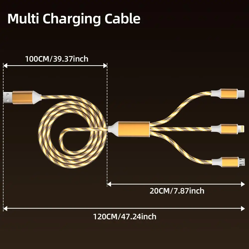 كابل شحن الهاتف 3 في 1 متعدد USB متدفق LED، مع واجهة لموصل شاحن USB Apple + Type C + Micro #3